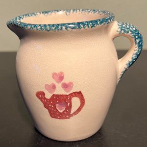 Blue Spongeware Creamer Pitcher ~ Pink Hearts ~ Watering Can